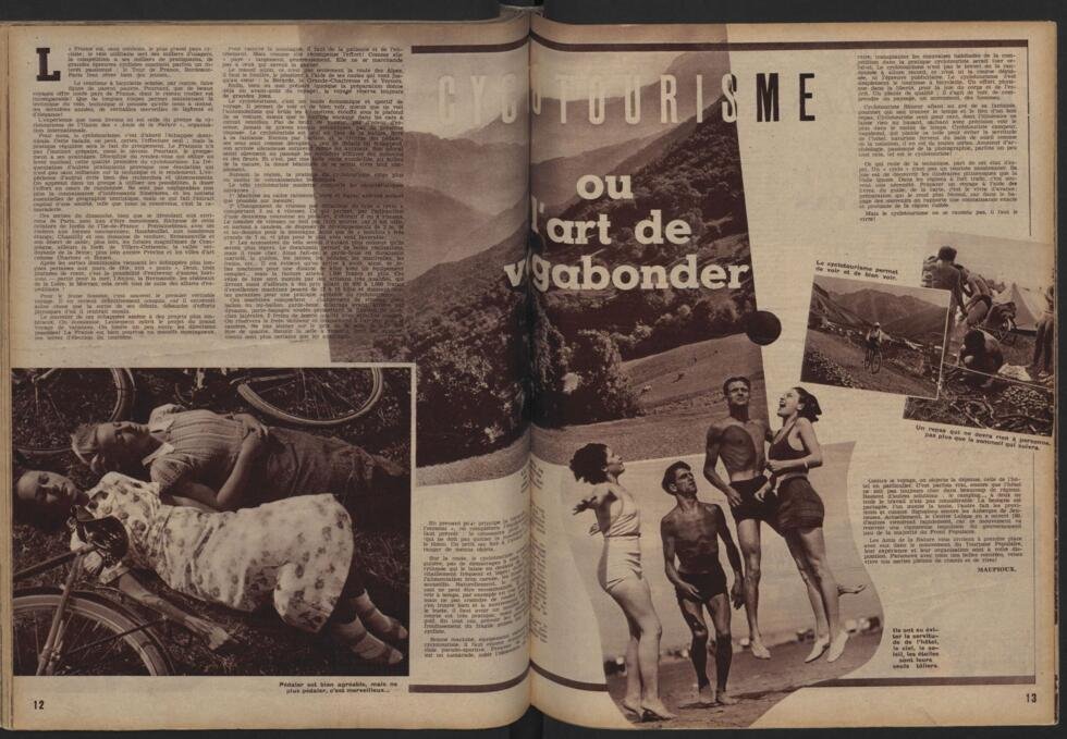 Un article exaltant le cyclotourisme, "mode économique et sportif de voyage", dans le cadre des congés payés, publié dans le magazine communiste "Regards", le 13 août 1936.