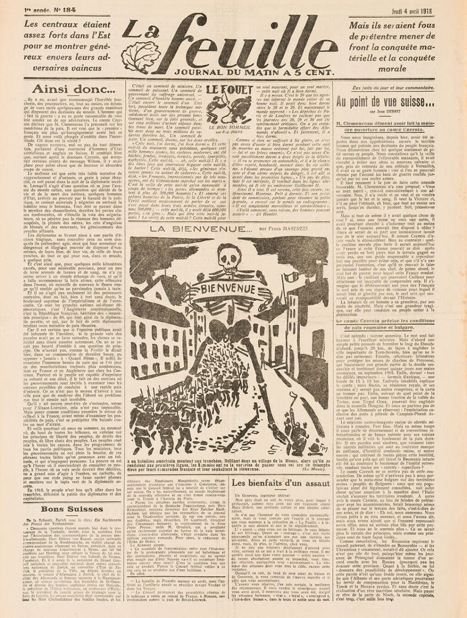 Page de journal « La Feuille » du 4 avril 1918 illustrée par Frans Masereel