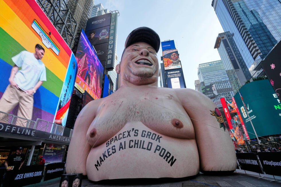 "Grok de SpaceX produit de la pornographie infantile grâce à l'IA", peut-on lire sur une effigie gonflable d'Elon Musk apparue sur Times Square à New York, le 11 juin