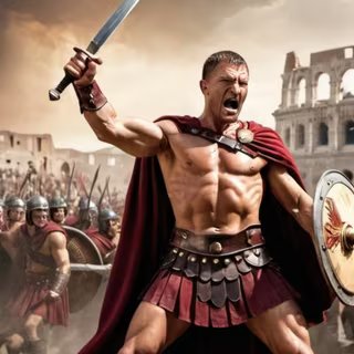 Image générée par intelligence artificielle du gladiateur Spartacus combattant des soldats romains. © OpenArt.ai