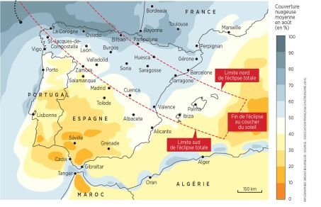 L\'éclipse sera totale dans la bande délimitée par les traits pointillés.
            Pour l\'observer dans les meilleures conditions, privilégiez les zones peu nuageuses (en blanc) et dégagées vers l\'ouest. Son maximum aura lieu peu avant le coucher du Soleil (très bas sur l\'horizon). Les lunettes pourront être retirées uniquement durant la totalité, qui durera environ 1 min 30 s.