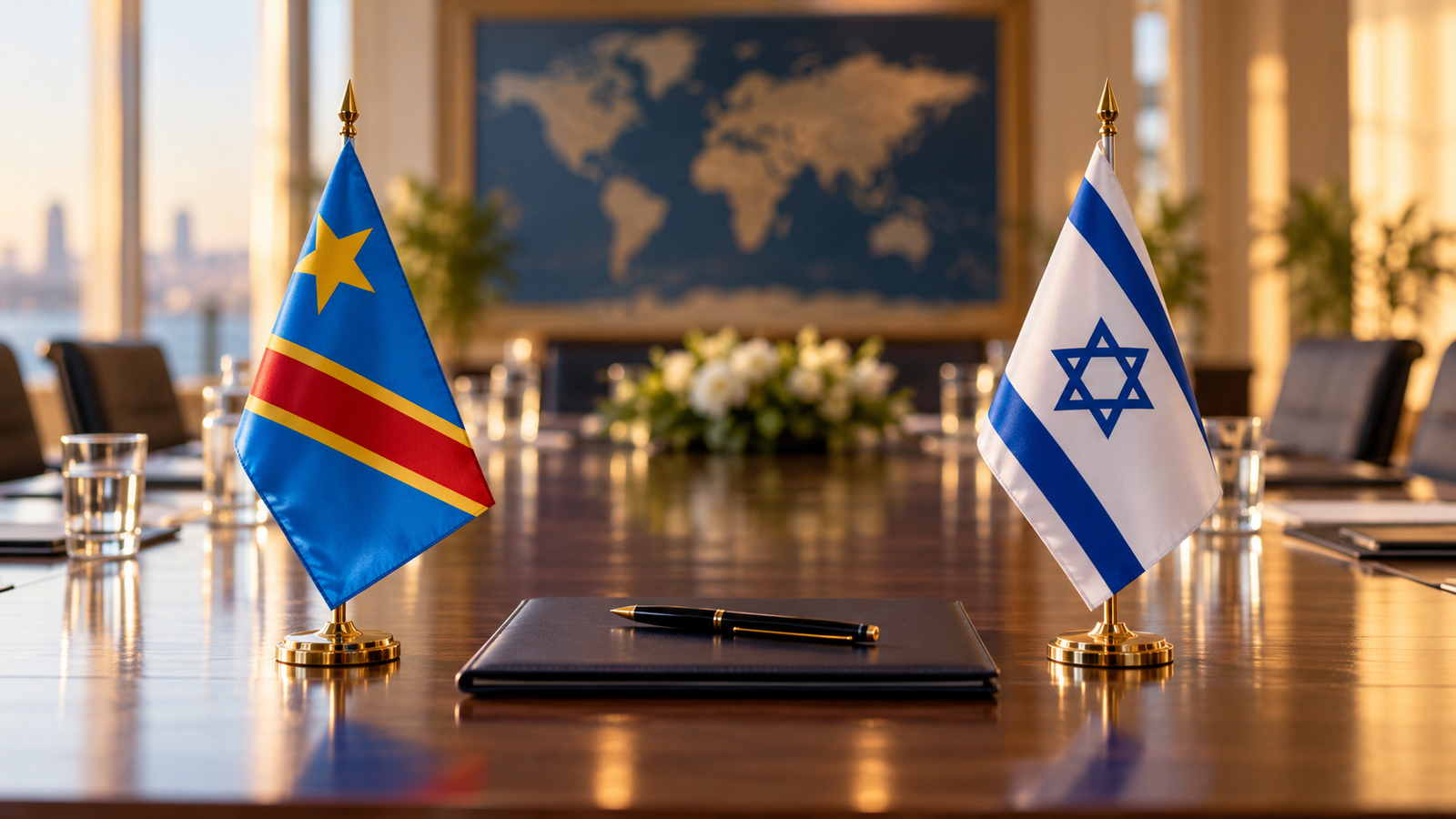 Drapeaux de RDC et d’Israël sur table de négociation